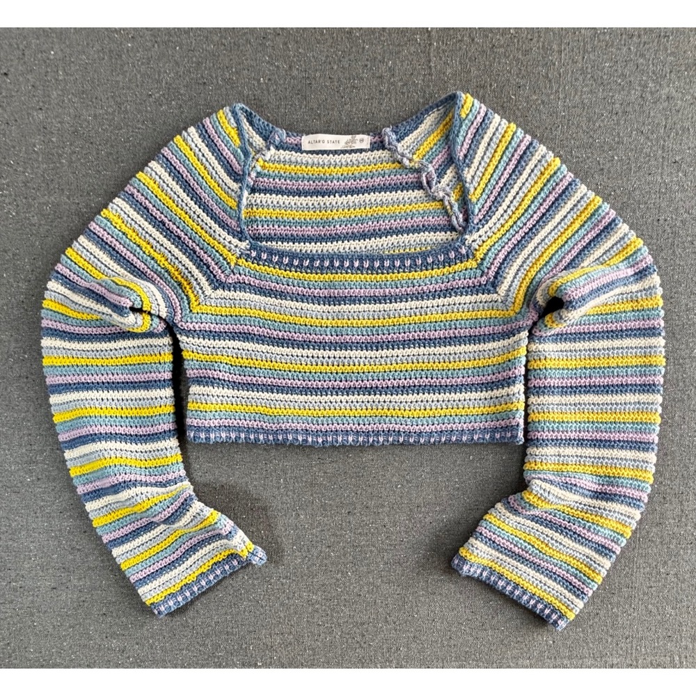 Altar'd State XS Striped Crochet Knit Cropped Sweater Square Neck Blue Yellow